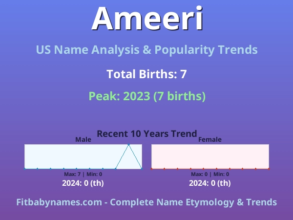 Infographic: Ameeri name meaning, origin, and popularity trends in the United States (US baby name analysis chart)
