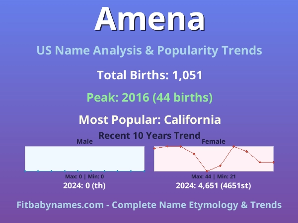 Infographic: Amena name meaning, origin, and popularity trends in the United States (US baby name analysis chart)