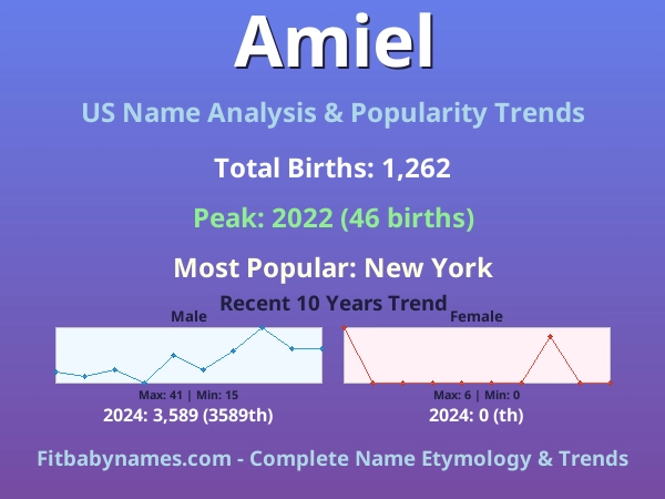 Infographic: Amiel name meaning, origin, and popularity trends in the United States (US baby name analysis chart)