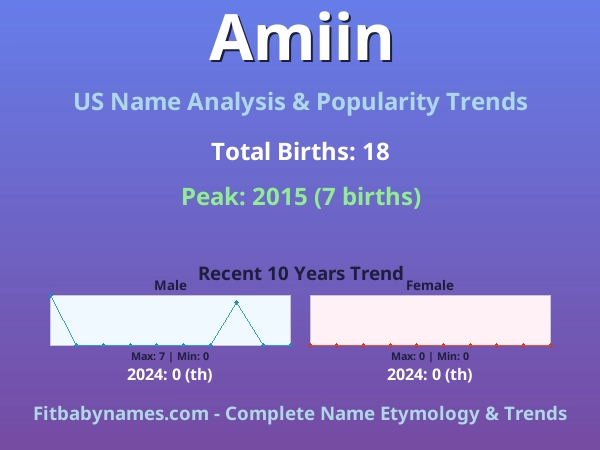 Infographic: Amiin name meaning, origin, and popularity trends in the United States (US baby name analysis chart)
