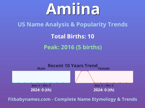 Infographic: Amiina name meaning, origin, and popularity trends in the United States (US baby name analysis chart)