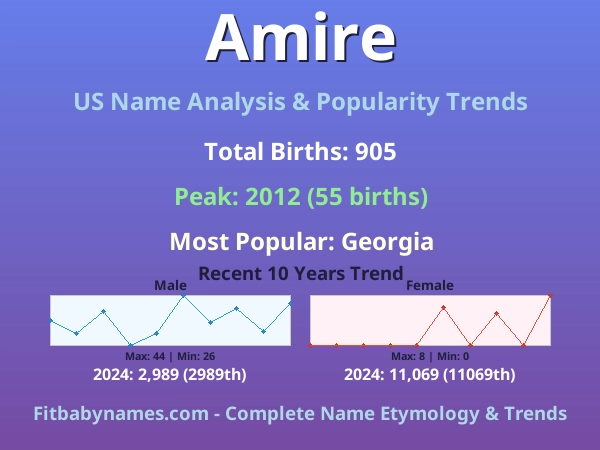 Infographic: Amire name meaning, origin, and popularity trends in the United States (US baby name analysis chart)