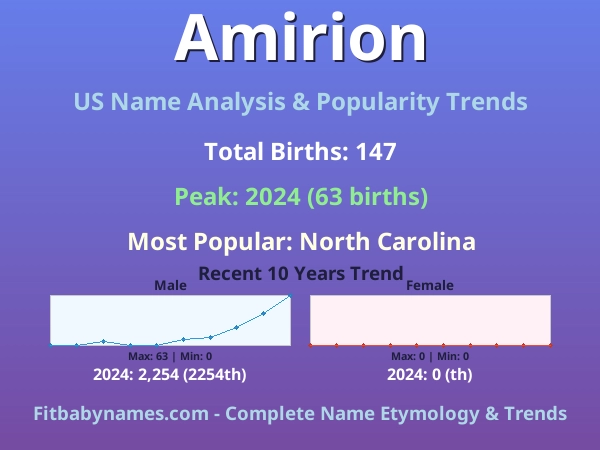 Infographic: Amirion name meaning, origin, and popularity trends in the United States (US baby name analysis chart)