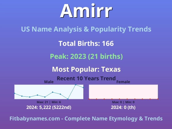Infographic: Amirr name meaning, origin, and popularity trends in the United States (US baby name analysis chart)