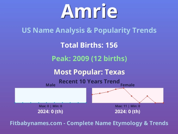 Infographic: Amrie name meaning, origin, and popularity trends in the United States (US baby name analysis chart)