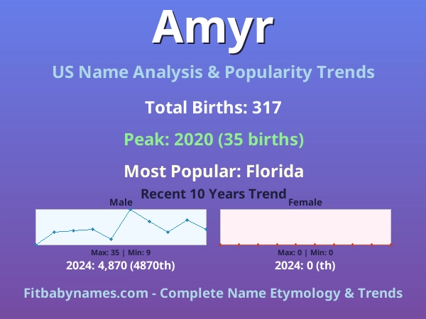 Infographic: Amyr name meaning, origin, and popularity trends in the United States (US baby name analysis chart)