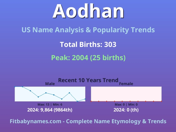 Infographic: Aodhan name meaning, origin, and popularity trends in the United States (US baby name analysis chart)