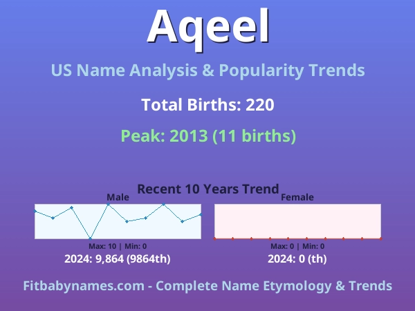 Infographic: Aqeel name meaning, origin, and popularity trends in the United States (US baby name analysis chart)