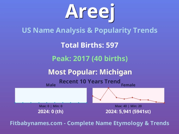 Infographic: Areej name meaning, origin, and popularity trends in the United States (US baby name analysis chart)