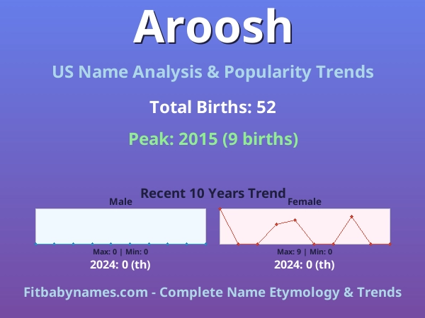 Infographic: Aroosh name meaning, origin, and popularity trends in the United States (US baby name analysis chart)