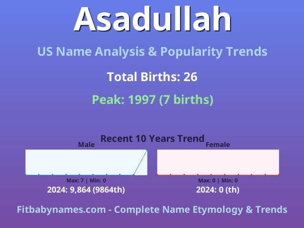 Infographic: Asadullah name meaning, origin, and popularity trends in the United States (US baby name analysis chart)