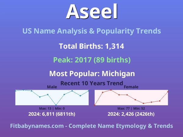Infographic: Aseel name meaning, origin, and popularity trends in the United States (US baby name analysis chart)