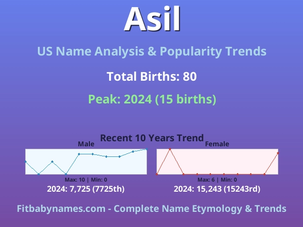Infographic: Asil name meaning, origin, and popularity trends in the United States (US baby name analysis chart)