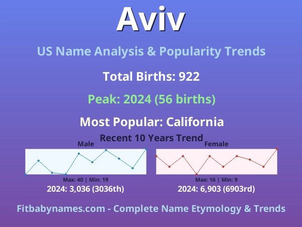 Infographic: Aviv name meaning, origin, and popularity trends in the United States (US baby name analysis chart)