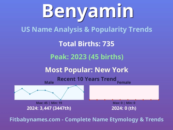 Infographic: Benyamin name meaning, origin, and popularity trends in the United States (US baby name analysis chart)