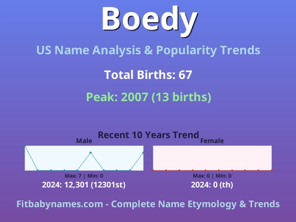 Infographic: Boedy name meaning, origin, and popularity trends in the United States (US baby name analysis chart)
