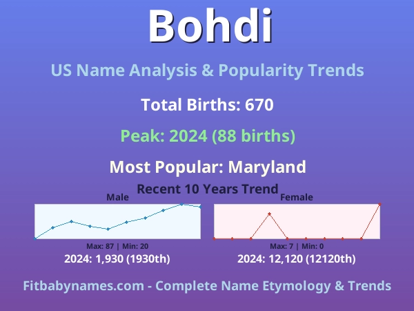 Infographic: Bohdi name meaning, origin, and popularity trends in the United States (US baby name analysis chart)