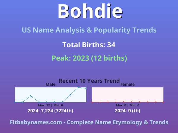 Infographic: Bohdie name meaning, origin, and popularity trends in the United States (US baby name analysis chart)