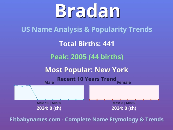 Infographic: Bradan name meaning, origin, and popularity trends in the United States (US baby name analysis chart)