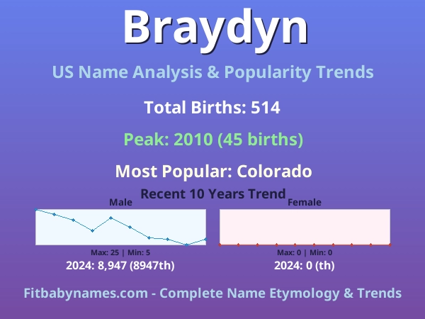 Infographic: Braydyn name meaning, origin, and popularity trends in the United States (US baby name analysis chart)