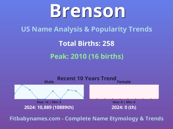 Infographic: Brenson name meaning, origin, and popularity trends in the United States (US baby name analysis chart)