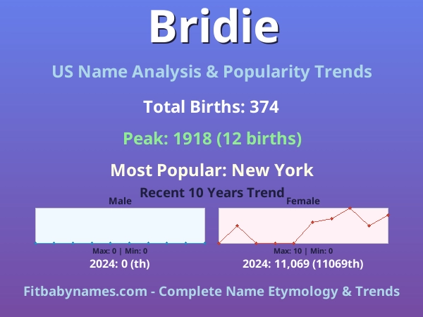 Infographic: Bridie name meaning, origin, and popularity trends in the United States (US baby name analysis chart)