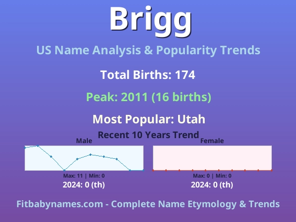 Infographic: Brigg name meaning, origin, and popularity trends in the United States (US baby name analysis chart)