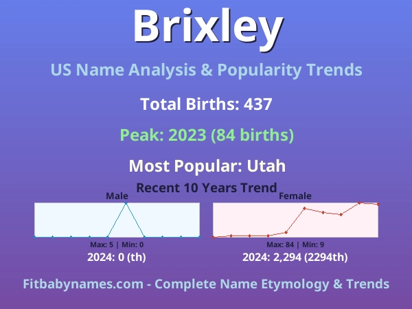 Infographic: Brixley name meaning, origin, and popularity trends in the United States (US baby name analysis chart)