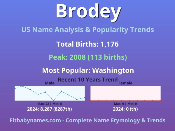 Infographic: Brodey name meaning, origin, and popularity trends in the United States (US baby name analysis chart)