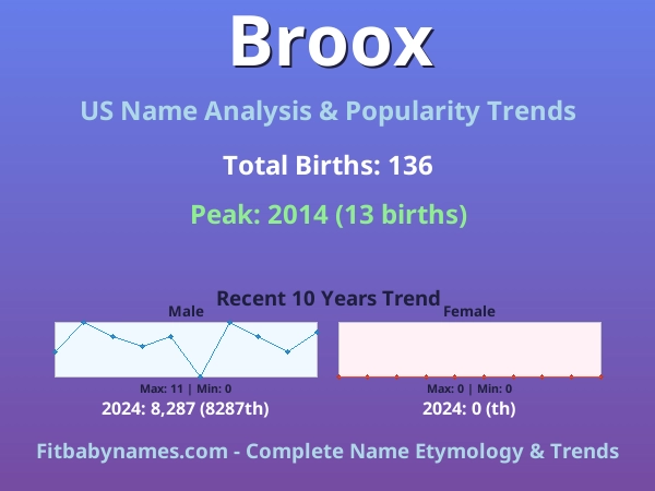 Infographic: Broox name meaning, origin, and popularity trends in the United States (US baby name analysis chart)