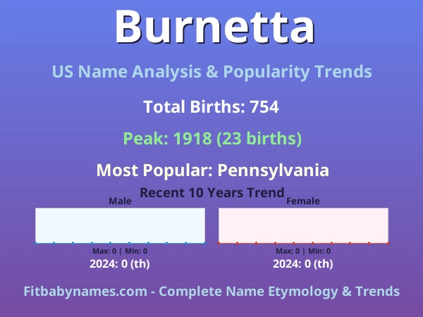 Infographic: Burnetta name meaning, origin, and popularity trends in the United States (US baby name analysis chart)