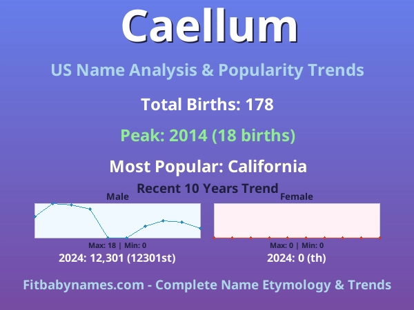 Infographic: Caellum name meaning, origin, and popularity trends in the United States (US baby name analysis chart)