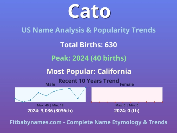 Infographic: Cato name meaning, origin, and popularity trends in the United States (US baby name analysis chart)