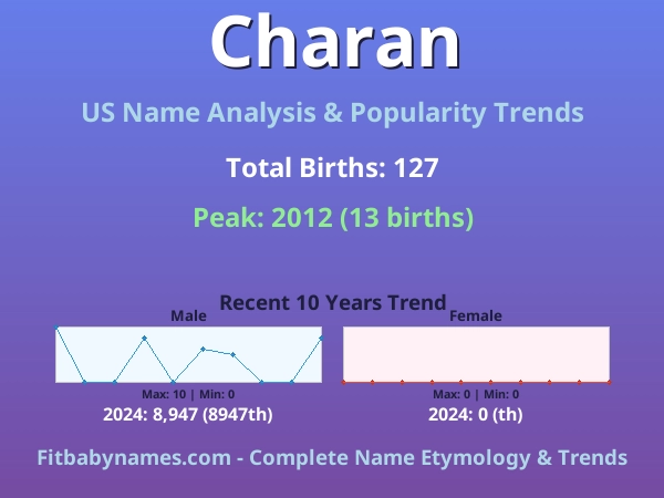 Infographic: Charan name meaning, origin, and popularity trends in the United States (US baby name analysis chart)