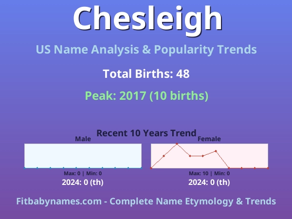Infographic: Chesleigh name meaning, origin, and popularity trends in the United States (US baby name analysis chart)