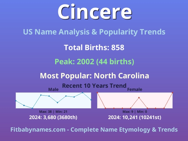 Infographic: Cincere name meaning, origin, and popularity trends in the United States (US baby name analysis chart)