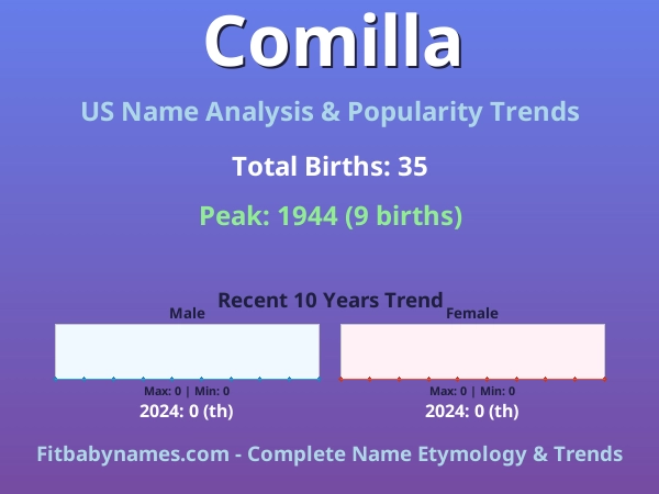 Infographic: Comilla name meaning, origin, and popularity trends in the United States (US baby name analysis chart)