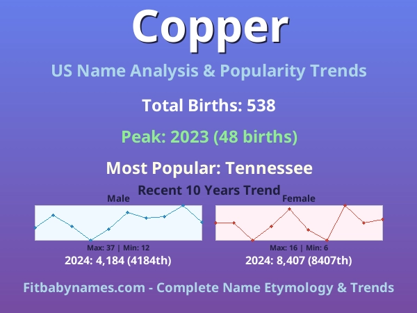 Infographic: Copper name meaning, origin, and popularity trends in the United States (US baby name analysis chart)