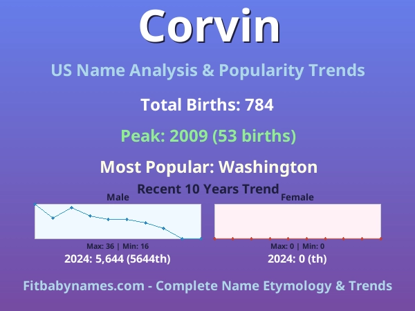 Infographic: Corvin name meaning, origin, and popularity trends in the United States (US baby name analysis chart)