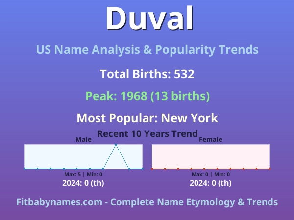 Infographic: Duval name meaning, origin, and popularity trends in the United States (US baby name analysis chart)