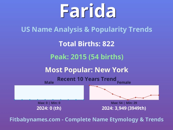 Infographic: Farida name meaning, origin, and popularity trends in the United States (US baby name analysis chart)