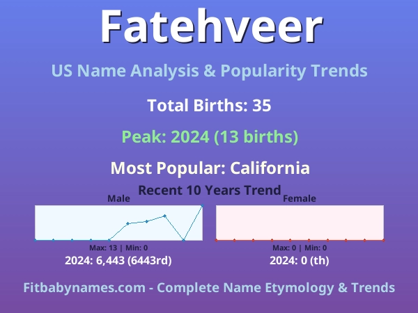 Infographic: Fatehveer name meaning, origin, and popularity trends in the United States (US baby name analysis chart)