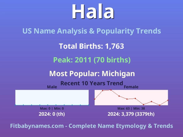Infographic: Hala name meaning, origin, and popularity trends in the United States (US baby name analysis chart)