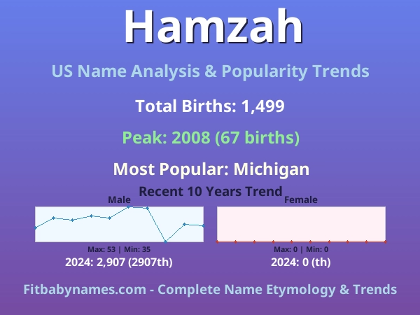 Infographic: Hamzah name meaning, origin, and popularity trends in the United States (US baby name analysis chart)