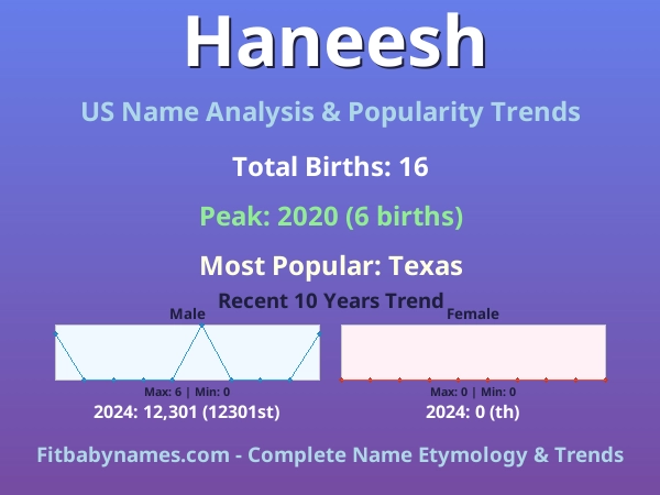 Infographic: Haneesh name meaning, origin, and popularity trends in the United States (US baby name analysis chart)