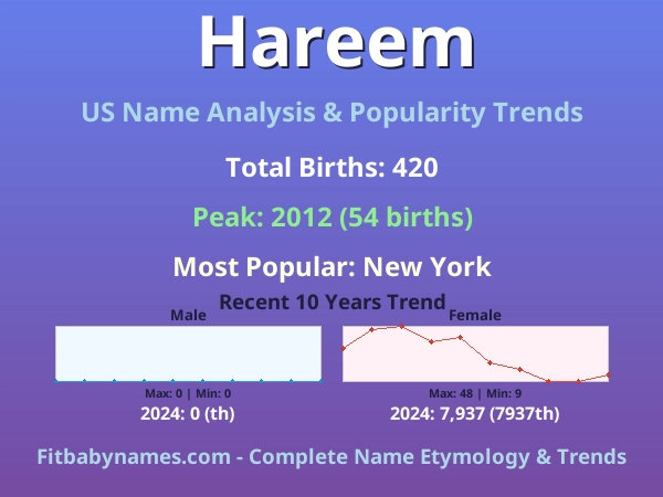 Infographic: Hareem name meaning, origin, and popularity trends in the United States (US baby name analysis chart)