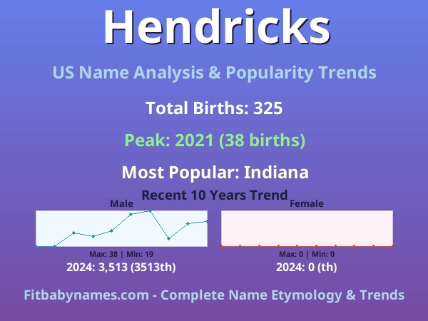 Infographic: Hendricks name meaning, origin, and popularity trends in the United States (US baby name analysis chart)