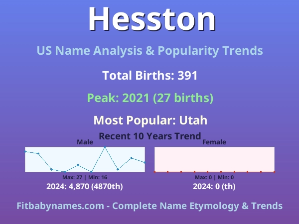 Infographic: Hesston name meaning, origin, and popularity trends in the United States (US baby name analysis chart)