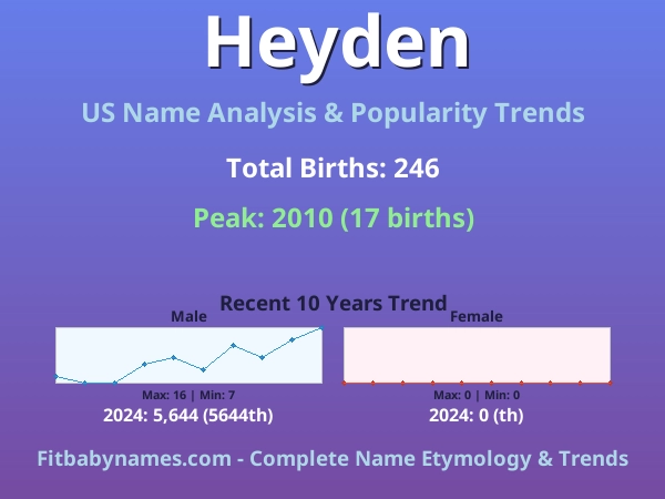Infographic: Heyden name meaning, origin, and popularity trends in the United States (US baby name analysis chart)