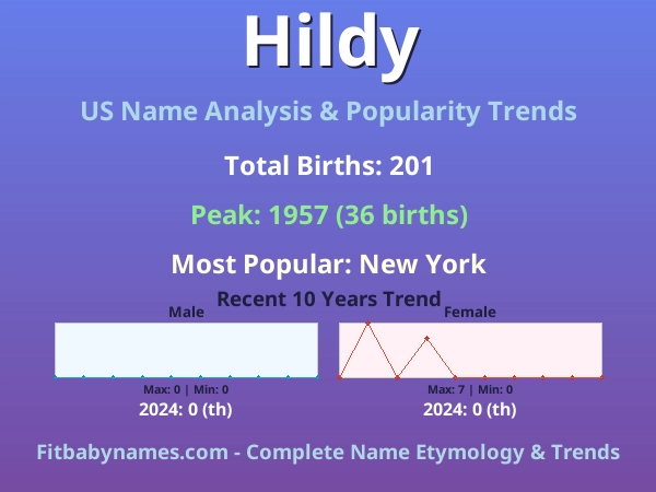 Infographic: Hildy name meaning, origin, and popularity trends in the United States (US baby name analysis chart)